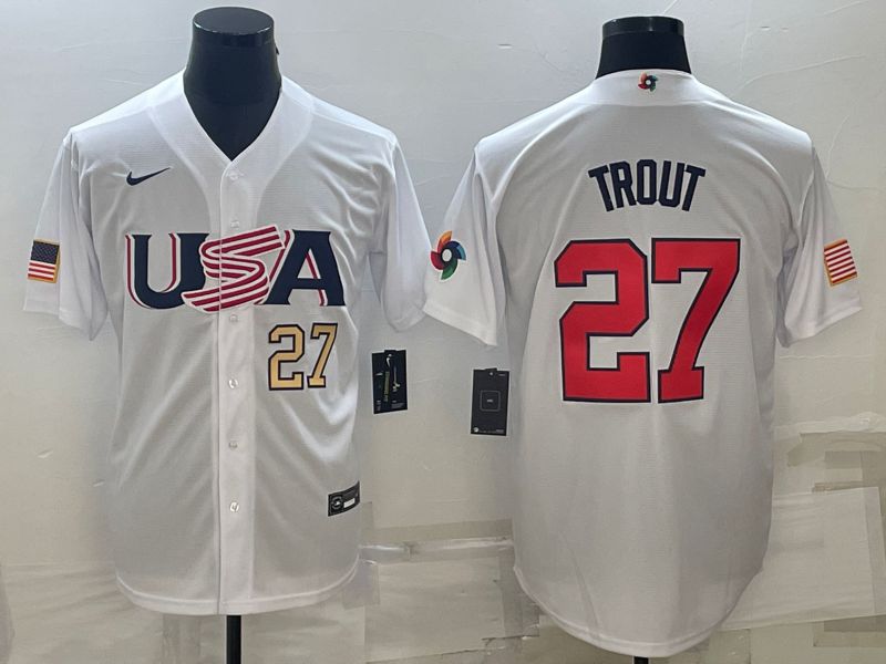 Men 2023 World Cub USA 27 Trout White Nike MLB Jersey3